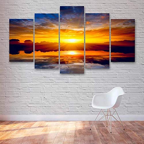 MPPSU Póster Sunset Skyrim Landscape 5 Paneles Impresión HD Cuadros Decoracion Dormitorios Salon Modernos 100Cm×50Cm Con Marco