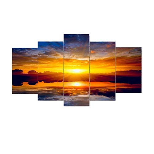 MPPSU Póster Sunset Skyrim Landscape 5 Paneles Impresión HD Cuadros Decoracion Dormitorios Salon Modernos 100Cm×50Cm Con Marco