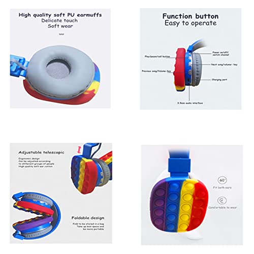 MRSHANG Wireless Bluetooth Headphones with Microphone,Pop Push Bubble Fidget Headset Toy,Rainbow Bluetooth Stereo Headset Head-Mounted for Mobile Phone, Computer and Tablets (B)