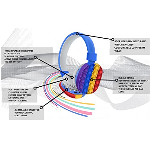 MRSHANG Wireless Bluetooth Headphones with Microphone,Pop Push Bubble Fidget Headset Toy,Rainbow Bluetooth Stereo Headset Head-Mounted for Mobile Phone, Computer and Tablets (B)