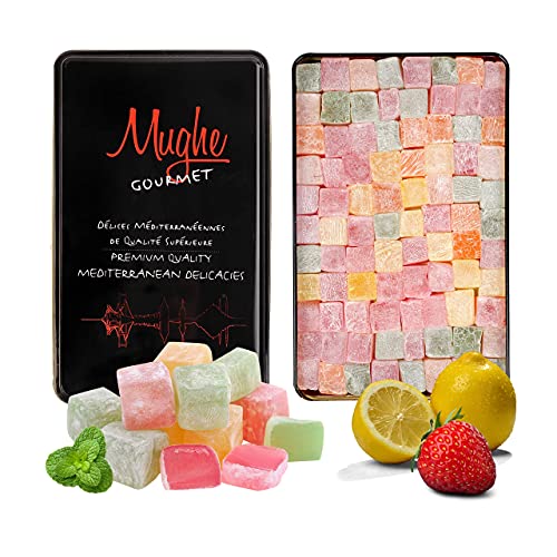 MUGHE GOURMET Turkish Delight with Rose, Strawberry, Lemon, Orange and Mint Flavor Appx. 90 pc, 750g ℮ 1.65llb Gift Box (No Nuts) / VEGAN - HALAL / Lokum Candy Basket Delights