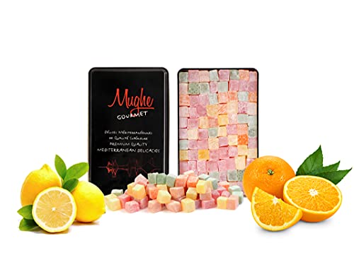 MUGHE GOURMET Turkish Delight with Rose, Strawberry, Lemon, Orange and Mint Flavor Appx. 90 pc, 750g ℮ 1.65llb Gift Box (No Nuts) / VEGAN - HALAL / Lokum Candy Basket Delights