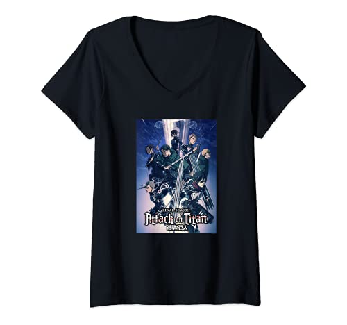 Mujer Attack on Titan Season 4 Arte clave colorido con logotipo Camiseta Cuello V