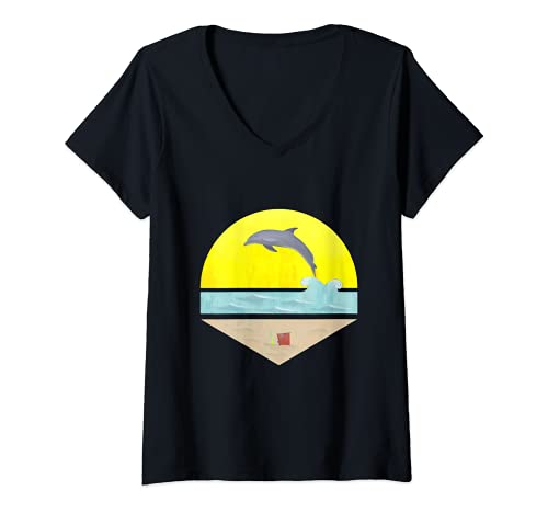 Mujer Dolphin Sea Waves y Sandbox en verano Camiseta Cuello V