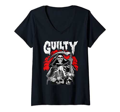 Mujer Guilty Grim Reaper Looking Down Hourglass Camiseta Cuello V