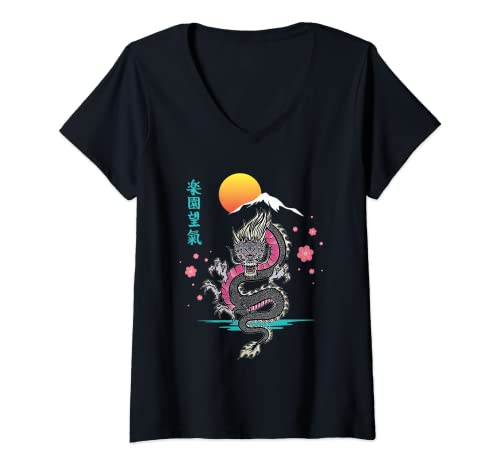 Mujer Japanese Aesthetic Dragon Asian Demon Spirit Sakura Tattoo Camiseta Cuello V