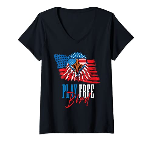 Mujer Juega gratis Bird Eagle USA Flag Independence Day Camiseta Cuello V