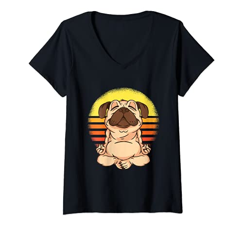 Mujer Pug Yoga Pug divertido diseño vintage retro puesta de sol Camiseta Cuello V