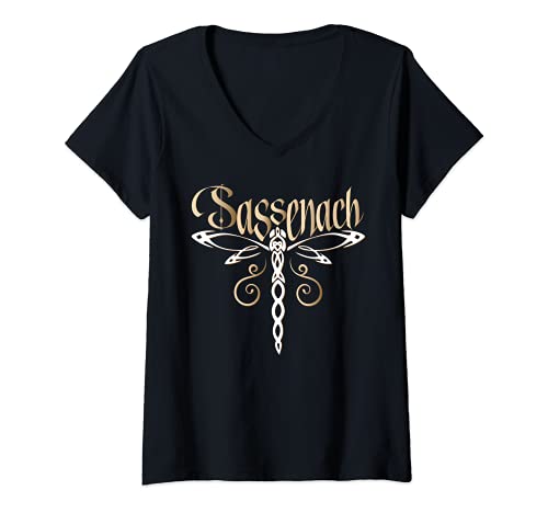 Mujer Sassenach Libélula | Beige | Regalo Escocés Camiseta Cuello V
