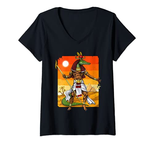 Mujer Sobek Dios Egipcio Mitología Antigua Pirámides Faraón Ankh Camiseta Cuello V