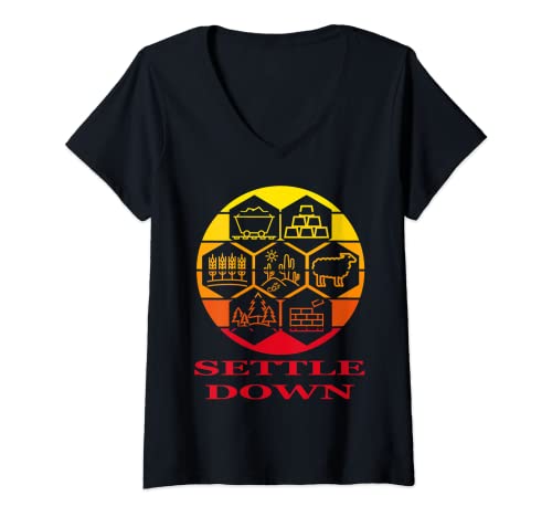 Mujer Sunset Wood Sheep Wheat Ore Settle Down Settlers Juego de mesa Camiseta Cuello V