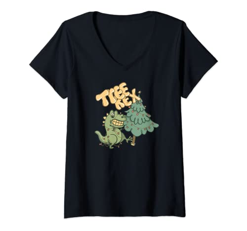 Mujer Tree Rex - Lindo juego de palabras de Navidad T-Rex Dino Camiseta Cuello V