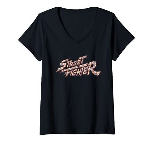 Mujer US Street Fighter +Logo Pattern Chibi 01 Camiseta Cuello V