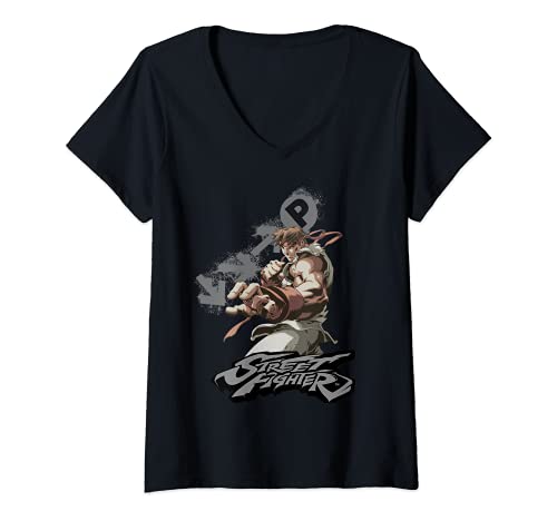 Mujer US Street Fighter Ryu Portrait Fireball 01 Black Camiseta Cuello V