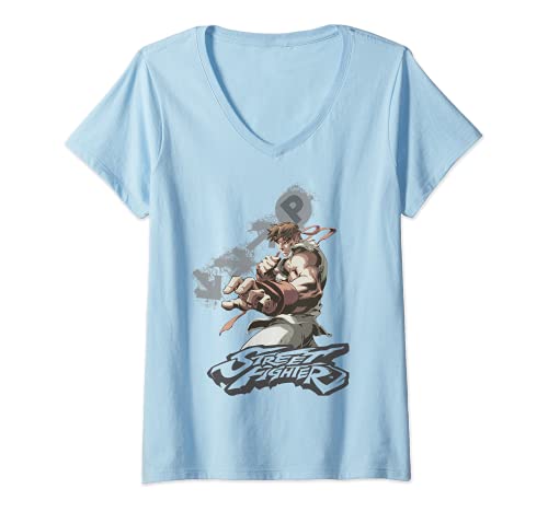 Mujer US Street Fighter Ryu Portrait Fireball 01 Heather Grey Camiseta Cuello V