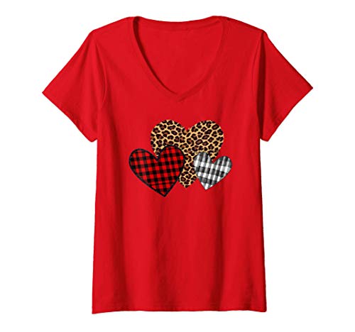Mujer Valentine Three Hearts Leopard Buffalo Plaid Valentine's day Camiseta Cuello V