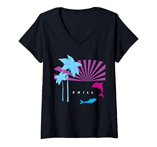 Mujer Vaporwave Retro CHILL Vibes Dolphin Sunset Palm Tree Dolphin Camiseta Cuello V