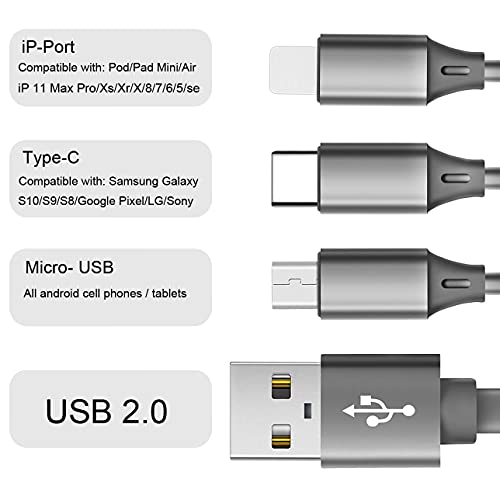 Multi USB Cable De Carga RetrÁCtil Paquete De 2 Cables De Cargador USB 3 En 1 UZAHSK Con Puerto Ip/Micro/Type-C, Tabletas Compatibles Samsung Huawei Phone XS/X / 8/11 Uso De Carga. (Gris+Negro)
