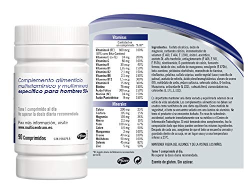 Multicentrum Hombre 50+ Complemento Alimenticio Multivitaminas con 13 Vitaminas y 11 Minerales, Alto Contenido de Vitamina D, Sin Gluten, 90 Comprimidos