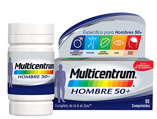 Multicentrum Hombre 50+ Complemento Alimenticio Multivitaminas con 13 Vitaminas y 11 Minerales, Alto Contenido de Vitamina D, Sin Gluten, 90 Comprimidos