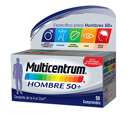 Multicentrum Hombre 50+ Complemento Alimenticio Multivitaminas con 13 Vitaminas y 11 Minerales, Alto Contenido de Vitamina D, Sin Gluten, 90 Comprimidos