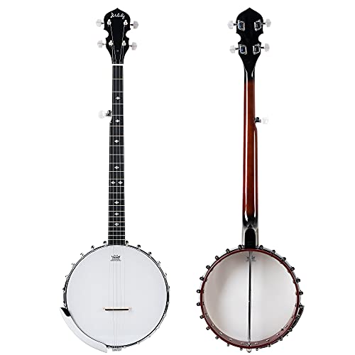 Mulucky Banjo de 5 cuerdas, tamaño completo con 24 soportes, parte trasera abierta, cuerpo de caoba con cabeza Remo, 5º afinador, paquete de regalo con kit para principiantes - B1106