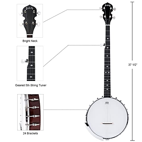Mulucky Banjo de 5 cuerdas, tamaño completo con 24 soportes, parte trasera abierta, cuerpo de caoba con cabeza Remo, 5º afinador, paquete de regalo con kit para principiantes - B1106