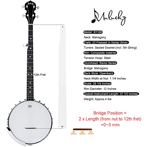Mulucky Banjo de 5 cuerdas, tamaño completo con 24 soportes, parte trasera abierta, cuerpo de caoba con cabeza Remo, 5º afinador, paquete de regalo con kit para principiantes - B1106