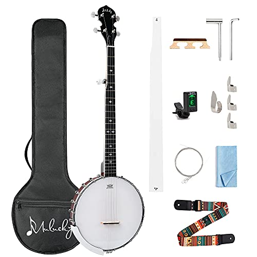 Mulucky Banjo de 5 cuerdas, tamaño completo con 24 soportes, parte trasera abierta, cuerpo de caoba con cabeza Remo, 5º afinador, paquete de regalo con kit para principiantes - B1106
