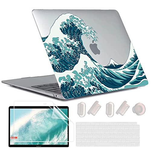 MUSHUI 4 en 1 Funda para MacBook Air 13 Pulgadas 2020 2019 2018 M1 A2337 A2179 A1932, Plástico Carcasa Rígida & Cubierta de Teclado & Protector de Pantalla, Olas Japonesas