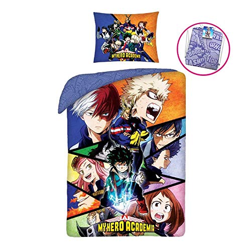 My Hero Academia Juego de funda de edredón individual de algodón, tamaño europeo, 140 x 200 cm, 70 x 90 cm