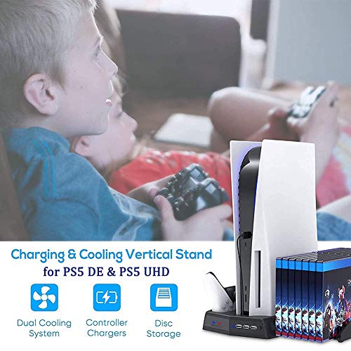 MZBZYU PS5 Estación de Carga, Soporte Vertical 5 en 1 con Ventiladores Enfriamiento 14 Ranuras de Juegos LED Indicador Base para Consola DualSense de Edición Digital Ultra HD Playstation 5, Negro