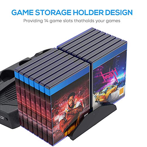 MZBZYU PS5 Estación de Carga, Soporte Vertical 5 en 1 con Ventiladores Enfriamiento 14 Ranuras de Juegos LED Indicador Base para Consola DualSense de Edición Digital Ultra HD Playstation 5, Negro