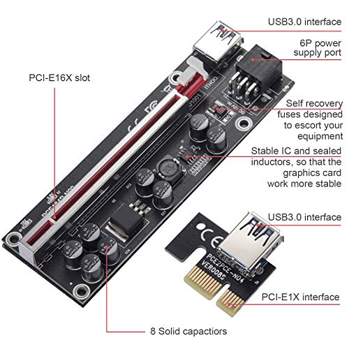 MZHOU PCI-E Riser 1X to 16X Riser Card - V009S-PLUS Tarjeta de Expansión - GPU Riser con 60cm Cable de extensión USB - PCIe Riser Card GPU Crypto Moneda Bitcoin Minería (V009S-PLUS 6 Paquete)
