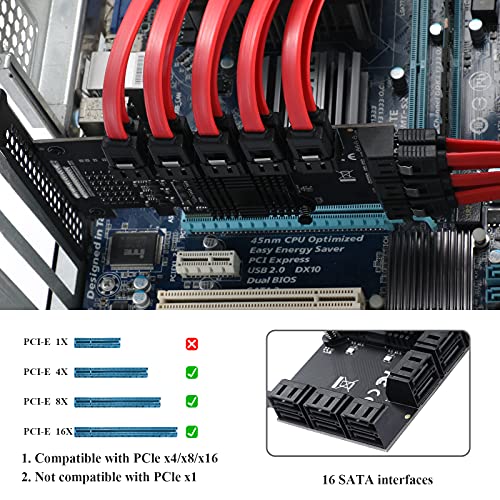MZHOU PCIe SATA de 16 Puerto - Tarjeta de expansión de Controlador SATA 3.0 de 6Gbps con Soporte de Perfil bajo y Cable Divisor de alimentación - PCI Express Card Supports PCIe X4/X8/X16 Card Slots