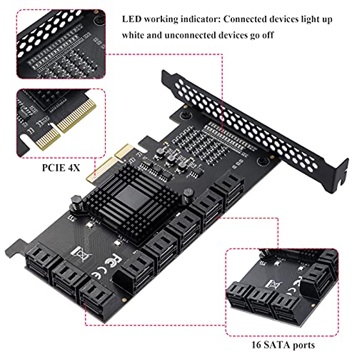 MZHOU PCIe SATA de 16 Puerto - Tarjeta de expansión de Controlador SATA 3.0 de 6Gbps con Soporte de Perfil bajo y Cable Divisor de alimentación - PCI Express Card Supports PCIe X4/X8/X16 Card Slots
