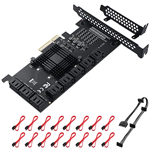 MZHOU PCIe SATA de 16 Puerto - Tarjeta de expansión de Controlador SATA 3.0 de 6Gbps con Soporte de Perfil bajo y Cable Divisor de alimentación - PCI Express Card Supports PCIe X4/X8/X16 Card Slots