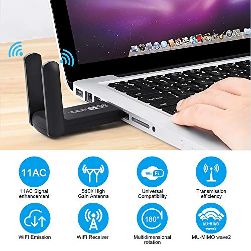 NEKAN Adaptador WiFi USB, AC 1200Mbps WiFi Receptor 802.11 Dongle con Dual Band 5Ghz / 2.4Ghz,WiFi Antena para PC Desktop Laptop Tablet, Soporta Windows 10/7/8/8.1/XP, Mac OS X (WiFi USB 5dBi)