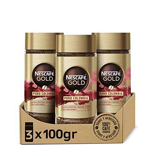 Nescafé GOLD PURO COLOMBIA aroma y sabor, café soluble 100 % arábica de Colombia, frasco de vidrio, Pack de 3 x 100 g