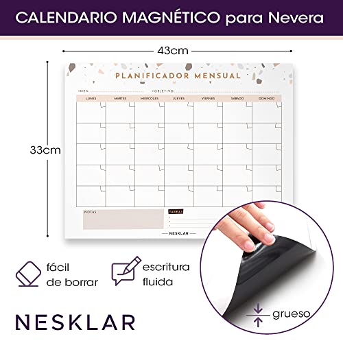 NESKLAR Calendario Mensual magnetico para Nevera - Organizador Mensual en Familia - Pizarra Magnetica - Notas - 3 Rotuladores y 1 Borrador con iman Gratis - Listo para Regalar - En Español