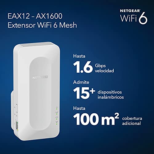 NETGEAR - Repetidor WiFi 6 mesh AX1600 EAX12, extensor WiFI con 1 puerto LAN y 4 streams, amplificador WiFi inalámbrico compatible con módems de fibra y adsl, color blanco
