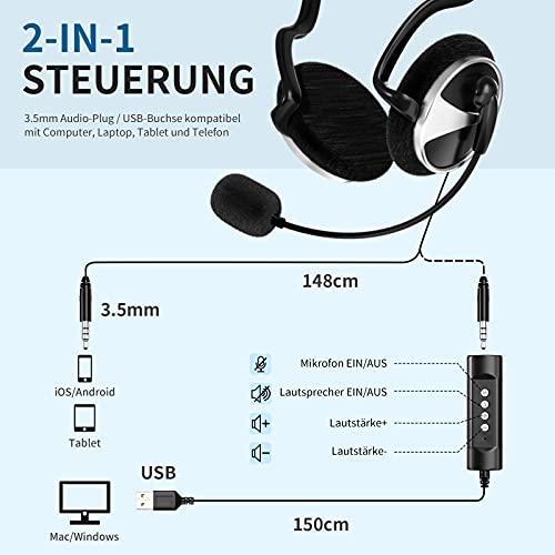 Newaner Auriculares PC con Microfono, USB/3.5mm Auricular, Ligeros Cascos con Cancelacion de Ruido Mic, Headset con Cable para Negocios, Teamspeak, VoIP, Skype, Telefono, Moviles, Oficina, Teleconfe