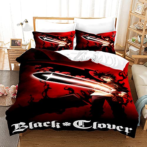 NICHIYOBI Black Clover Juego de ropa de cama – Funda nórdica y funda de almohada, microfibra, impresión digital 3D de tres piezas (1,individual 135 x 200 cm)