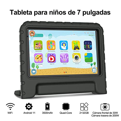 Niños Tableta Android 11, 7 Pulgadas, JUSYEA J8, 2 GB RAM | 32 GB ROM,Cuatro núcleos, Wi-Fi | Bluetooth, para Juegos educativos para niños, Control Parental portátil-Negro Funda Silicona