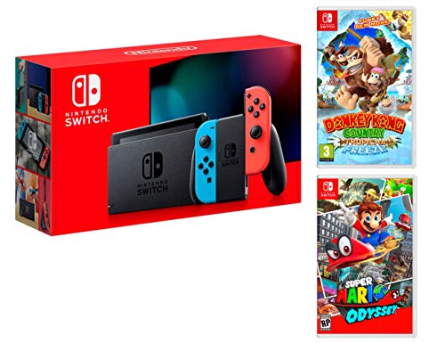 Nintendo Switch rojo/azul neón 32 GB Pack + Super Mario Odyssey + Donkey Kong: Tropical Freeze