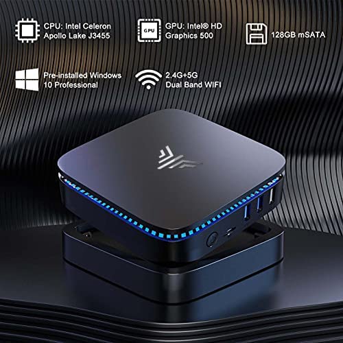 NiPoGi Mini PC, 8GB RAM 128GB SSD Celeron J3455(hasta 2,3GHz) Windows 10 Pro Mini Ordenador, Soporte 2.5" SSD/mSATA SSD, 2.4G+5G WiFi, Gigabit Ethernet, BT 4.2, 4K, Dual HDMI Office Mini Computer