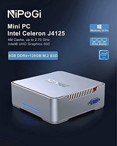 NiPoGi Mini PC,8GB DDR4/128GB ROM Windows 10 Pro Celeron J4125 Mini Ordenador[Soporte de Pantalla triple/4K HD/Gigabit Ethernet/Dual Band Wi-Fi/BT 4.2/Montaje VESA]