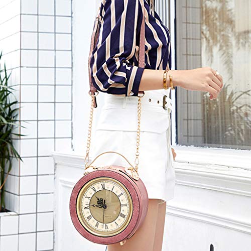 niumanery Clock Bag Real Working, Vintage Messenger Bag, Steam Punk Style Handbag Pink