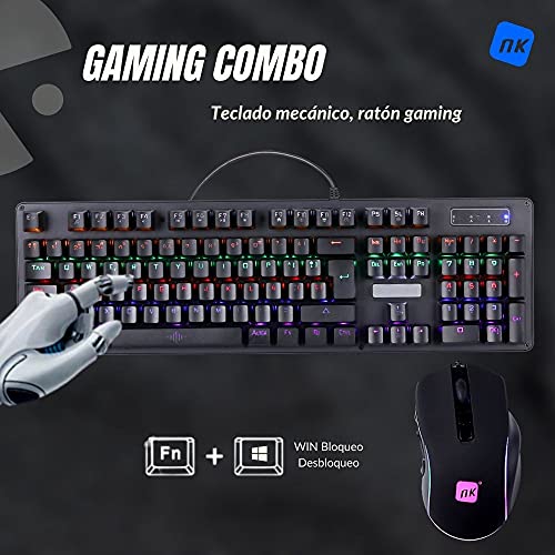 NK Onyx Gaming Pack - Teclado Mecánico Cherry MX Blue Switch RGB LED, 105 Teclas + Raton Gaming Programable (6400 dpi - 5 Botones) Anti-Ghosting (Incluye Ñ), con Cable | PS4/PS5 Xbox (Negro)