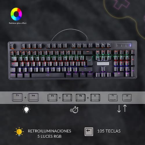 NK Onyx Gaming Pack - Teclado Mecánico Cherry MX Blue Switch RGB LED, 105 Teclas + Raton Gaming Programable (6400 dpi - 5 Botones) Anti-Ghosting (Incluye Ñ), con Cable | PS4/PS5 Xbox (Negro)